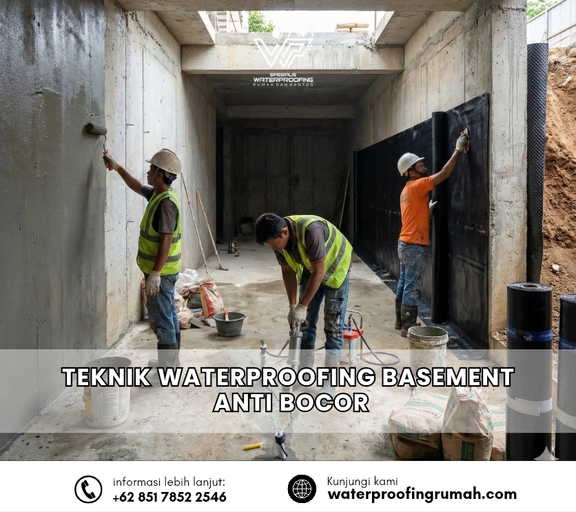 Memilih Material Waterproofing Gedung, menunjukkan pekerja mengaplikasikan membran bakar di atap, coating dinding, dan injeksi fondasi pada bangunan bertingkat."