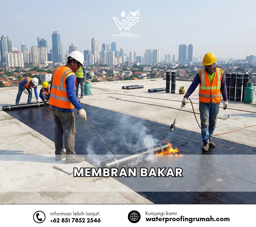Proses aplikasi waterproofing membran bakar menggunakan alat torch-on pada atap dak beton gedung bertingkat