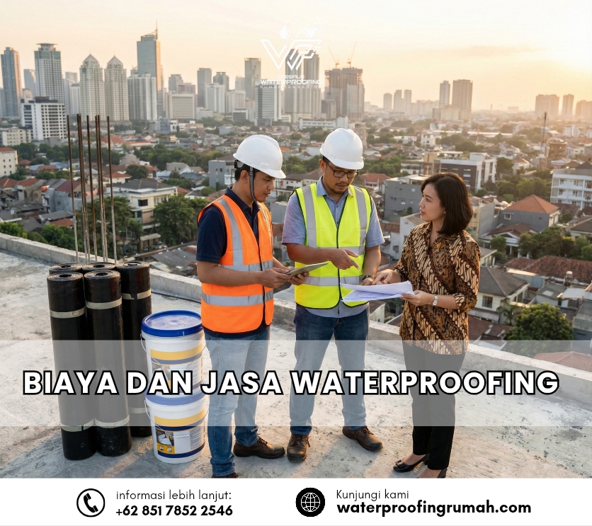 "Tiga orang profesional, termasuk dua insinyur dengan helm proyek dan rompi keselamatan serta seorang wanita, sedang berdiskusi dan melihat dokumen di atap gedung dengan latar belakang kota. Di samping mereka terdapat gulungan membran waterproofing dan kaleng cat. Terdapat teks "BIAYA DAN JASA WATERPROOFING".