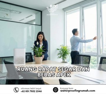 Foto ruang rapat kantor yang modern, cerah, dan bersih. Seorang wanita sedang merawat tanaman di dekat air purifier, dan seorang pria sedang membuka jendela besar untuk sirkulasi udara. Suasana terlihat segar dan sehat.