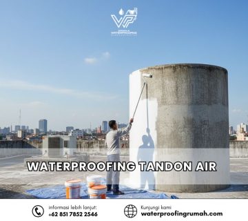 Seorang teknisi sedang mengecat dinding luar tandon air beton di atap gedung (rooftop) dengan lapisan waterproofing putih di bawah terik matahari dengan latar belakang pemandangan kota.
