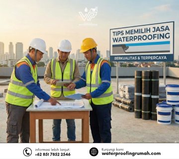 Tiga profesional kontraktor waterproofing berdiskusi di atap gedung dengan latar belakang material waterproofing dan papan reklame bertuliskan 'TIPS MEMILIH JASA WATERPROOFING BERKUALITAS & TERPERCAYA'.