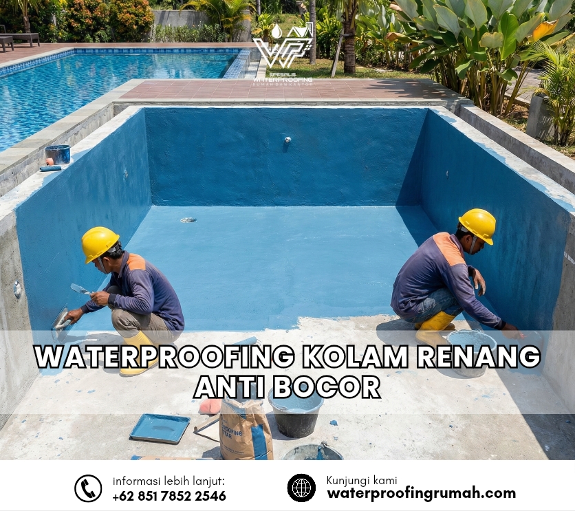Dua pekerja konstruksi dengan helm kuning sedang mengaplikasikan lapisan waterproofing berwarna biru pada dinding dan lantai sebuah kolam renang beton yang kosong. Di dasar kolam terdapat ember cat, sak semen, dan peralatan kerja. Latar belakang menunjukkan kolam renang lain yang sudah jadi dan tanaman tropis. Terdapat teks "WATERPROOFING KOLAM RENANG ANTI BOCOR".