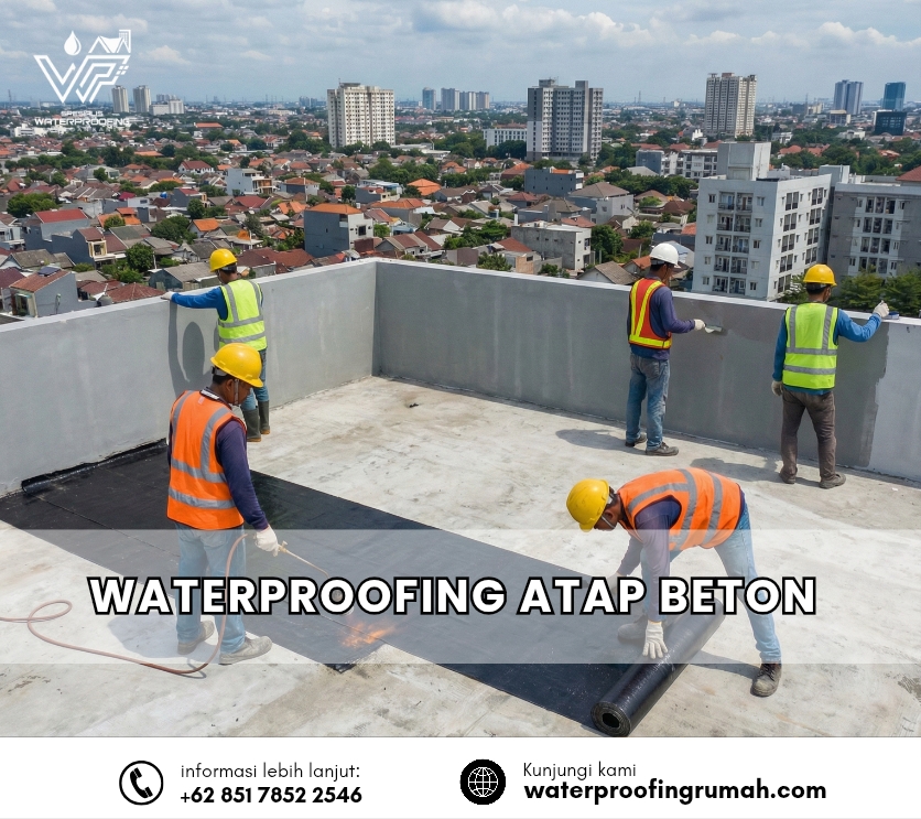 "Sejumlah pekerja konstruksi berseragam sedang mengaplikasikan waterproofing membran bakar pada atap dak beton sebuah gedung dengan latar belakang pemandangan kota. Beberapa pekerja menggunakan alat torch untuk melelehkan membran, sementara yang lain melapisi dinding parapet."