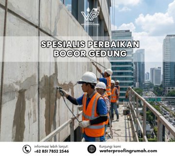 "Pekerja spesialis menggunakan gondola atau akses tali melakukan perbaikan kebocoran pada dinding gedung bertingkat."