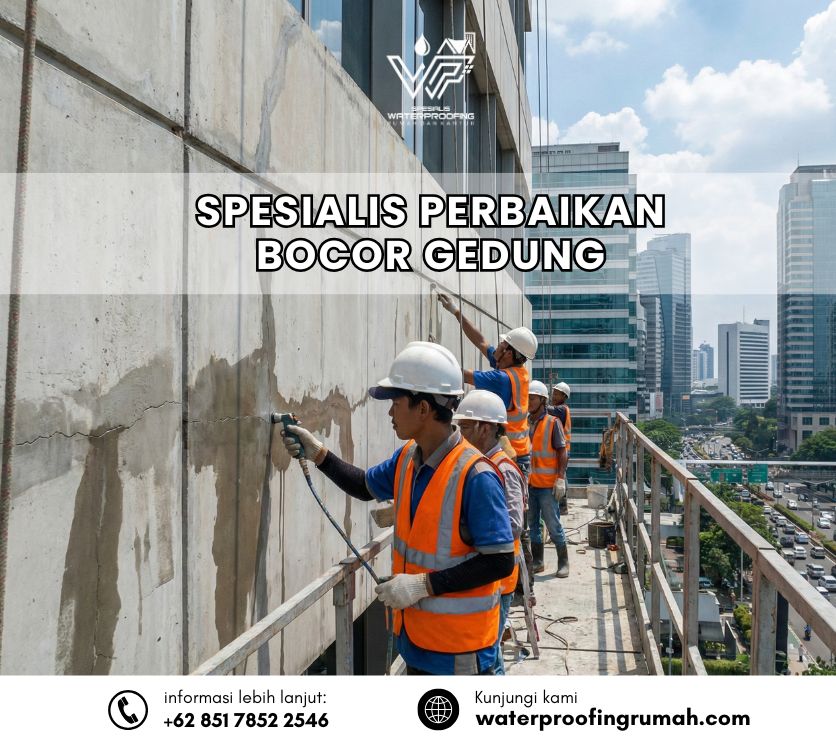 "Pekerja spesialis menggunakan gondola atau akses tali melakukan perbaikan kebocoran pada dinding gedung bertingkat."