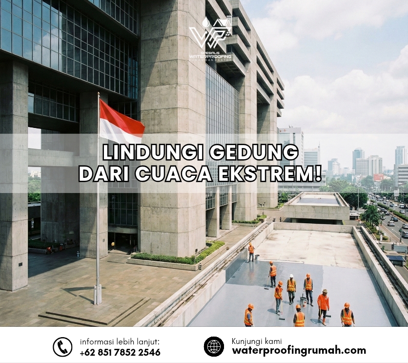 Pemandangan udara sebuah gedung besar dengan arsitektur beton dan bendera Indonesia berkibar di tiang. Sekelompok pekerja konstruksi berseragam sedang mengaplikasikan lapisan waterproofing cair berwarna abu-abu pada area dak terbuka di bagian bawah gedung. Teks besar di tengah gambar berbunyi "LINDUNGI GEDUNG DARI CUACA EKSTREM!", dan di bagian bawah terdapat informasi kontak serta alamat website waterproofingrumah.com.