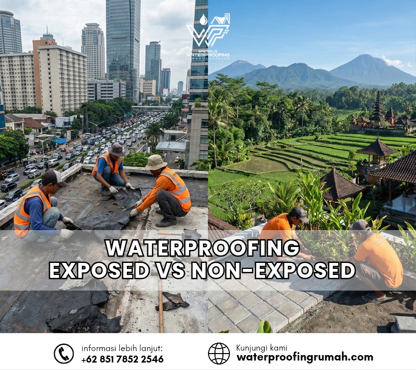 "Ilustrasi perbandingan metode waterproofing exposed vs non-exposed. Sisi kiri menampilkan pengerjaan atap dak beton berlatar gedung kota, sisi kanan menampilkan pemasangan paving pelindung berlatar pemandangan alam."