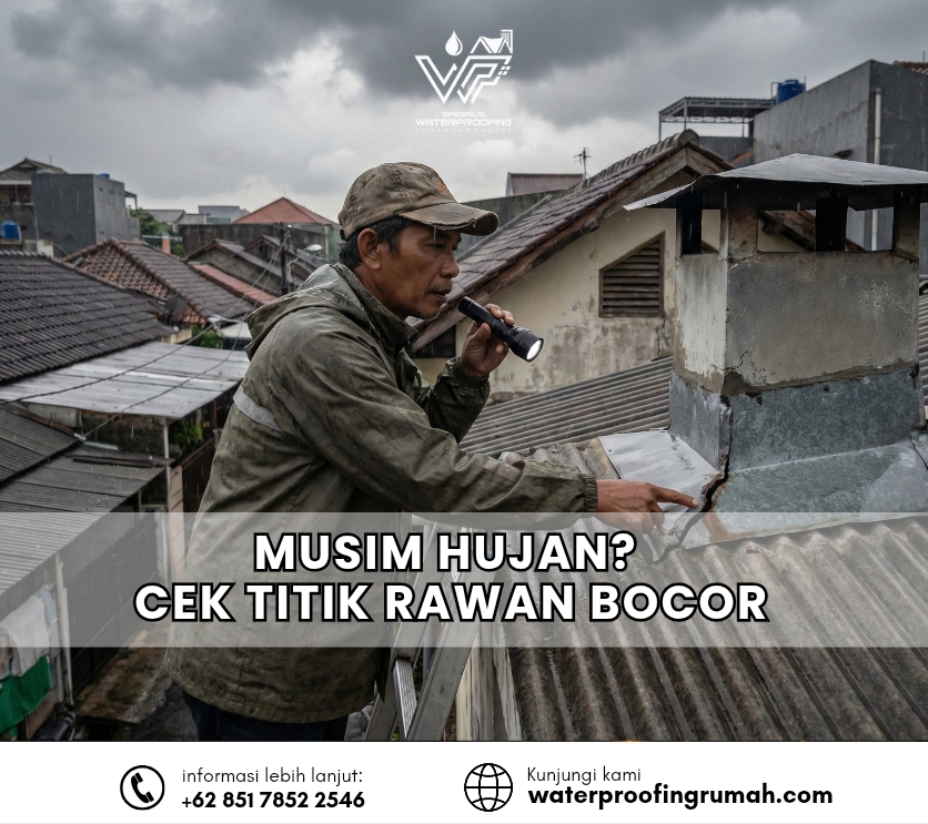 Tiga teknisi profesional sedang memasang waterproofing membran bakar pada atap beton menggunakan alat torch (pembakar) dan roller untuk meratakan sambungan.