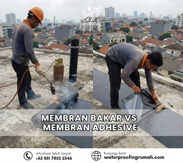 Ilustrasi perbandingan metode aplikasi waterproofing membran bakar dengan teknik torching (kiri) versus membran adhesive dengan teknik tempel dingin (kanan) pada atap beton.