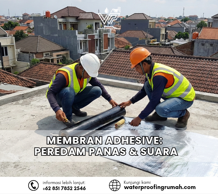 "Pemasangan waterproofing membran adhesive berlapis aluminium foil pada atap dak beton yang berfungsi sebagai penolak panas matahari dan peredam suara hujan."