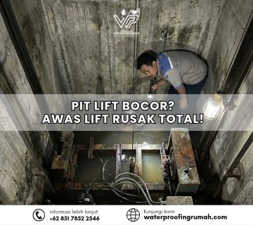 "Inspeksi teknis pada area pit lift (lubang elevator) yang tergenang air akibat kebocoran dinding beton yang dapat merusak komponen mesin lift."