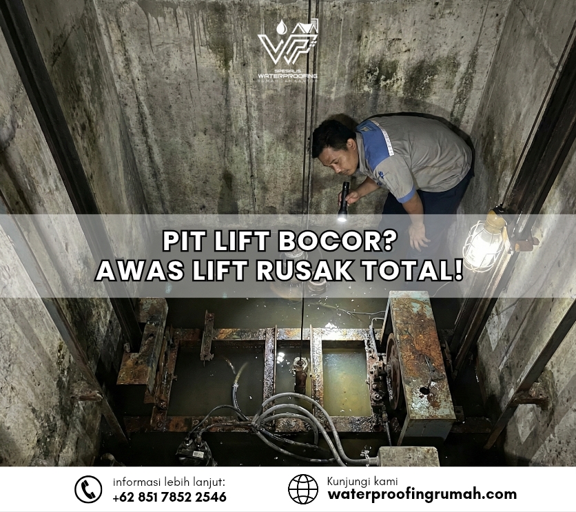 "Inspeksi teknis pada area pit lift (lubang elevator) yang tergenang air akibat kebocoran dinding beton yang dapat merusak komponen mesin lift."