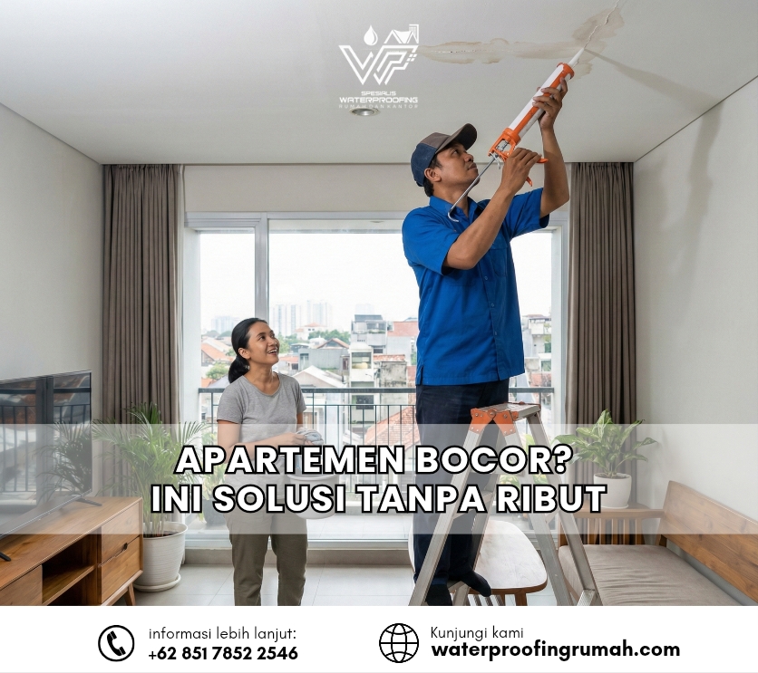 "Proses perbaikan kebocoran dak beton apartemen dari sisi plafon (negative side) menggunakan metode injeksi tanpa membongkar lantai unit atas."