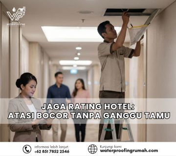 "Proses maintenance perbaikan kebocoran plafon di koridor hotel oleh teknisi profesional tanpa mengganggu kenyamanan tamu yang melintas."