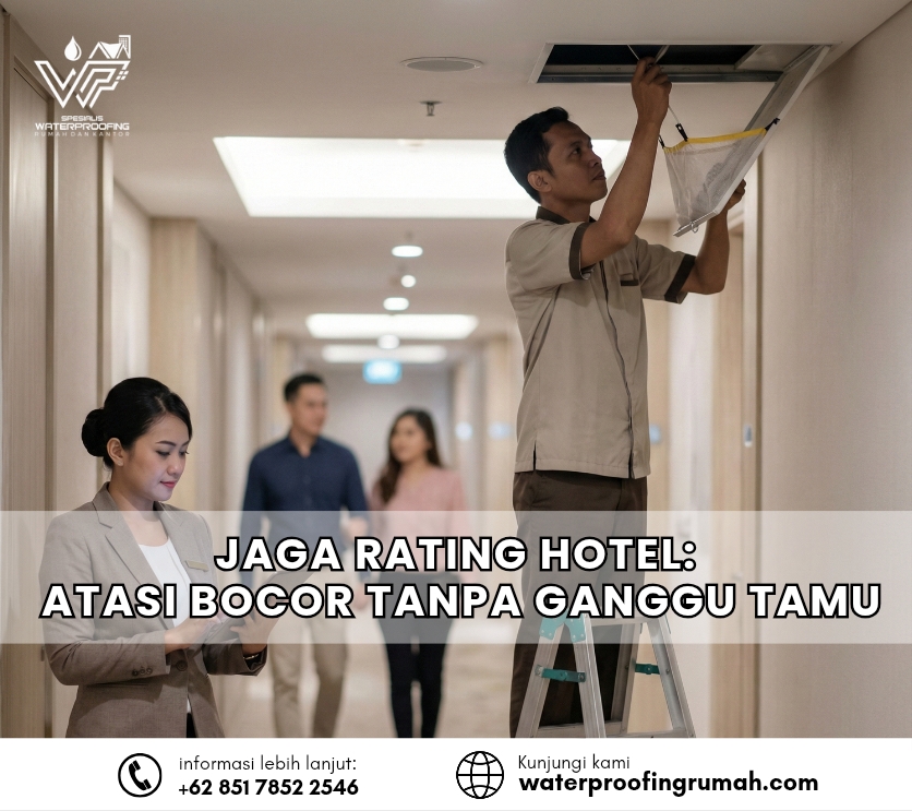 "Proses maintenance perbaikan kebocoran plafon di koridor hotel oleh teknisi profesional tanpa mengganggu kenyamanan tamu yang melintas."