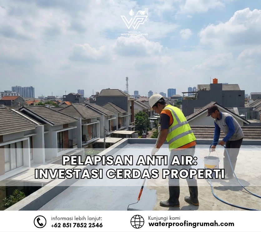 "Proses pelapisan cat anti bocor (waterproofing coating) pada atap dak beton rumah tinggal menggunakan roller sebagai bentuk perawatan properti."