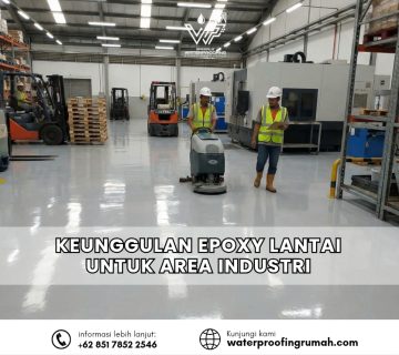 "Pekerja di dalam gudang industri sedang membersihkan lantai epoxy berwarna abu-abu yang mengkilap menggunakan mesin polisher, menunjukkan ketahanan dan kebersihan lantai untuk area pabrik."