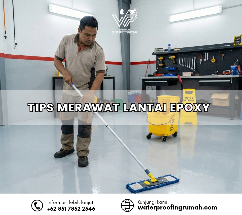 "Seorang pria sedang mengepel lantai epoxy abu-abu yang mengkilap di sebuah bengkel atau workshop menggunakan flat mop biru. Di latar belakang terlihat peralatan perkakas dan papan peringatan lantai basah kuning, menunjukkan cara perawatan rutin lantai epoxy."