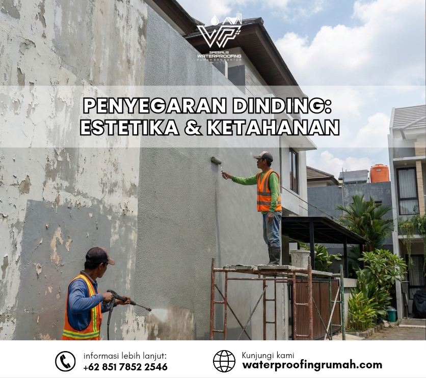 "Dua orang pekerja sedang melakukan restorasi dinding luar rumah yang rusak dan terkelupas. Satu pekerja menggunakan pressure washer untuk membersihkan dinding, sementara pekerja lainnya berdiri di atas scaffolding sedang mengaplikasikan lapisan cat dasar atau waterproofing berwarna abu-abu menggunakan roll."