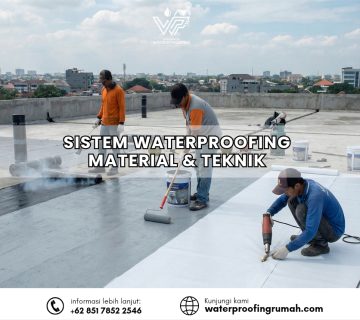 Pekerja konstruksi menggunakan berbagai teknik aplikasi waterproofing, termasuk penggunaan alat pemanas (heat gun) dan roll untuk memastikan material pelindung menempel sempurna di atas permukaan dak beton.
