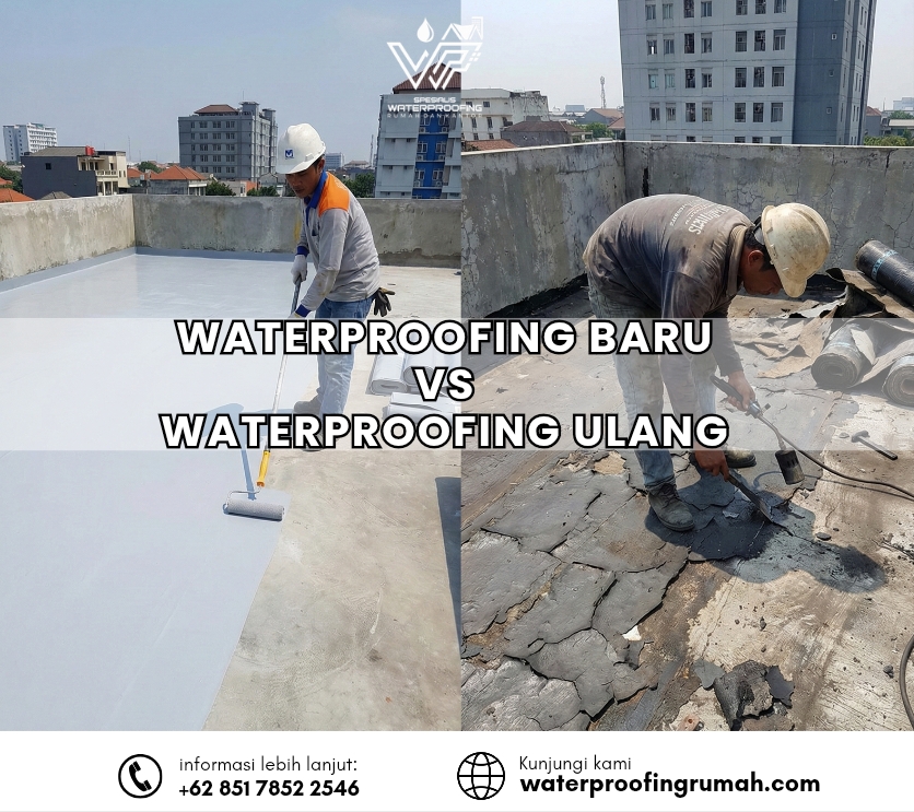 "Gambar perbandingan (split screen) antara pemasangan waterproofing baru dan proses pengerjaan ulang. Sisi kiri menunjukkan pekerja sedang mengaplikasikan pelapis waterproofing cair berwarna abu-abu muda dengan roll pada dak beton yang bersih. Sisi kanan menunjukkan pekerja sedang mengelupas lapisan waterproofing lama yang sudah rusak dan retak menggunakan alat pemanas dan skrap."
