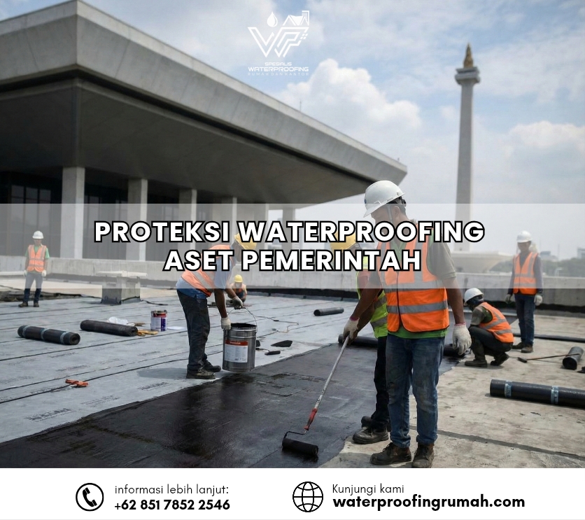 "Sekelompok pekerja konstruksi mengenakan rompi keselamatan oranye dan helm putih sedang mengaplikasikan lapisan waterproofing aspal pada dak atap gedung besar. Di latar belakang, terlihat Monumen Nasional (Monas) Jakarta di bawah langit cerah, menunjukkan proyek pengerjaan skala besar untuk aset publik."