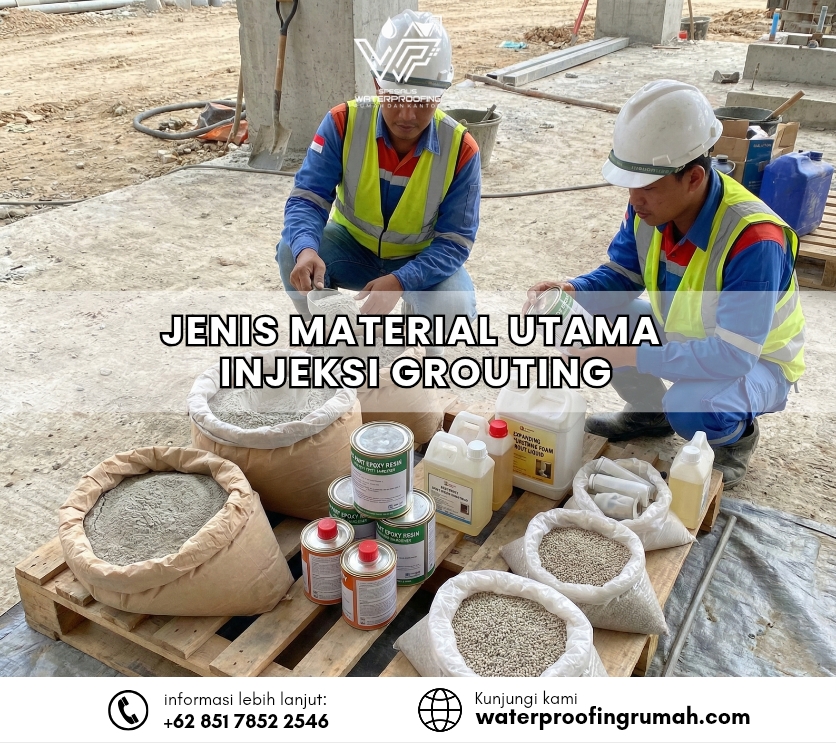 "Dua pekerja konstruksi dengan rompi keselamatan kuning dan helm putih sedang menyiapkan material injeksi grouting di atas palet kayu. Terlihat berbagai jenis bahan seperti semen dalam karung, kaleng epoxy resin, serta jeriken cairan kimia khusus untuk penguatan struktur dan penambalan kebocoran beton."