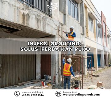 "Dua pekerja konstruksi sedang melakukan perbaikan pada pilar ruko yang retak menggunakan teknik injeksi. Satu pekerja berdiri di atas scaffolding menyuntikkan material perbaikan ke retakan dinding, sementara pekerja lainnya memantau mesin kompresor di bawah. Terlihat deretan ruko dengan tanda-tanda kerusakan cuaca pada fasadnya."
