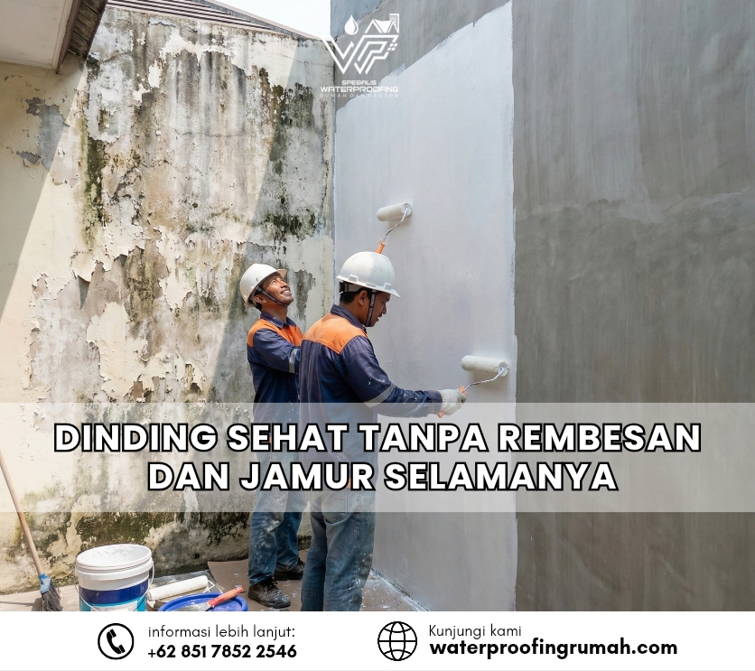 "Dua pekerja konstruksi mengenakan helm putih dan rompi biru sedang mengaplikasikan cat pelapis waterproofing berwarna putih pada dinding luar rumah yang sebelumnya kusam dan berlumut. Proses pengecatan menggunakan roll cat dilakukan secara merata untuk menciptakan lapisan pelindung yang bersih dan kedap air."