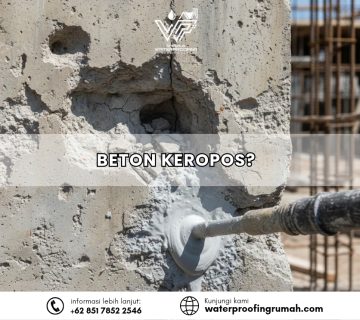 "Seorang pekerja spesialis menggunakan helm putih dan rompi biru sedang mengaplikasikan lapisan waterproofing semen (cementitious) pada dinding dan lantai area kolam beton. Pekerja menggunakan roll cat untuk memastikan seluruh permukaan tertutup rapat guna mencegah kebocoran pada struktur penampungan air."