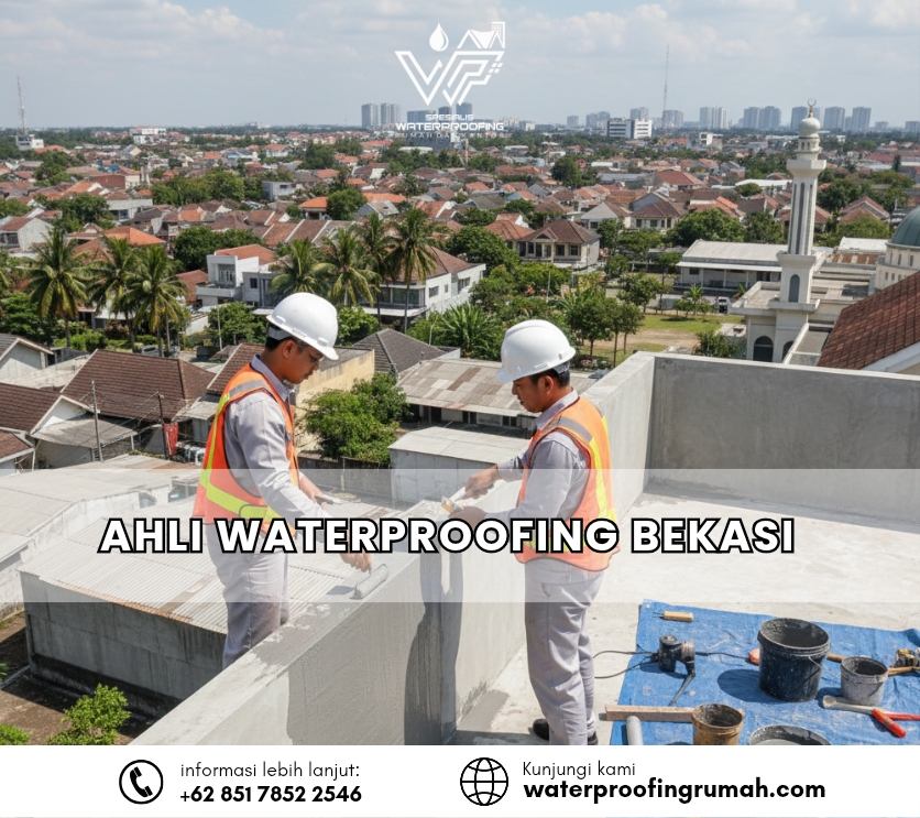 "Dua teknisi spesialis waterproofing mengenakan helm putih dan rompi proyek sedang mengaplikasikan pelapis semen kedap air pada dinding dak beton di atap rumah. Pengerjaan dilakukan di atas ketinggian dengan pemandangan pemukiman padat penduduk dan sebuah masjid di Bekasi sebagai latar belakang."