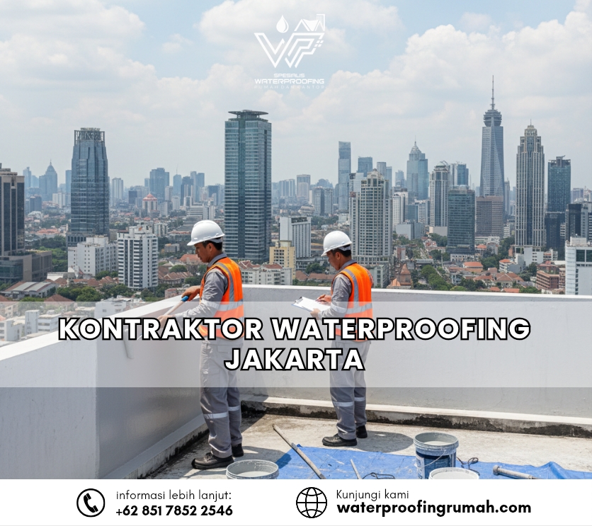 "Dua pekerja konstruksi mengenakan helm putih dan rompi proyek sedang mengaplikasikan pelapis waterproofing abu-abu pada dinding luar bangunan bertingkat. Pengerjaan dilakukan di atas ketinggian dengan latar belakang pemukiman padat dan kubah masjid, menunjukkan layanan proteksi gedung di area residensial."