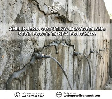 Proses injeksi beton (injection grouting) pada dinding beton yang retak untuk mengatasi kebocoran tanpa bongkar oleh spesialis waterproofing.