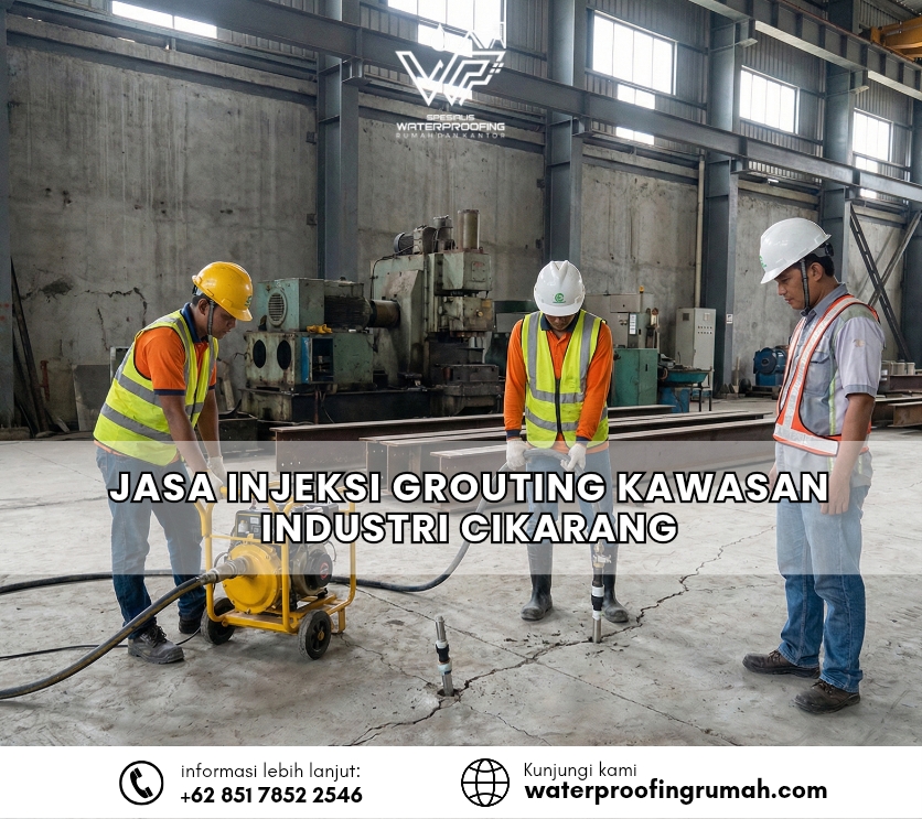 Tiga pekerja konstruksi sedang mengaplikasikan epoxy coating pada lantai beton gudang menggunakan roskam dan alat poles lantai untuk proteksi anti bahan kimia.