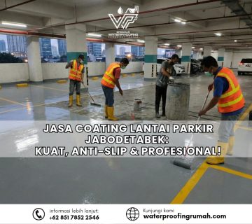 Tim teknisi sedang mengaplikasikan lapisan epoxy anti bahan kimia pada lantai beton area pabrik menggunakan roskam dan alat poles lantai industri.