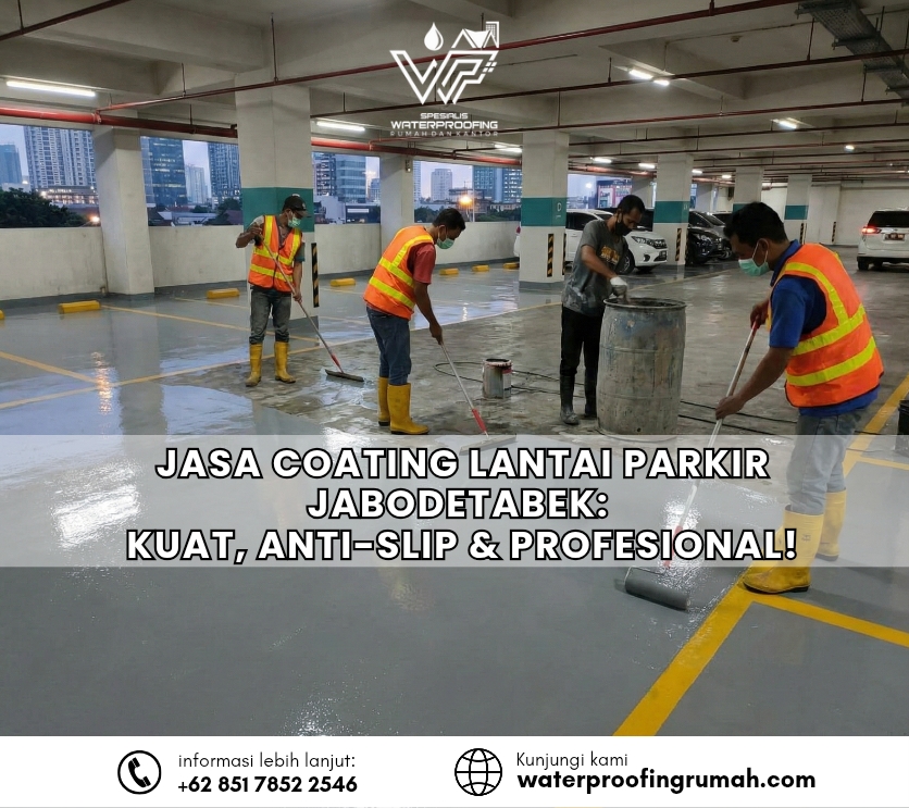Tim teknisi sedang mengaplikasikan lapisan epoxy anti bahan kimia pada lantai beton area pabrik menggunakan roskam dan alat poles lantai industri.