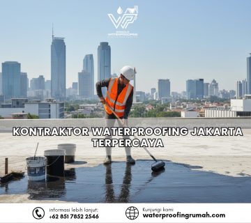 "Proses pengerjaan pelapisan anti bocor oleh kontraktor waterproofing Jakarta terpercaya pada atap dak beton gedung bertingkat dengan latar belakang gedung pencakar langit."