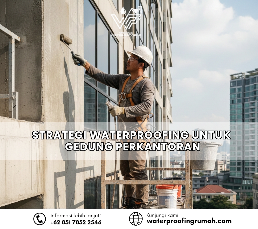 "Proses aplikasi waterproofing dinding luar (facade) pada gedung perkantoran bertingkat untuk perlindungan struktur dari cuaca ekstrem."
