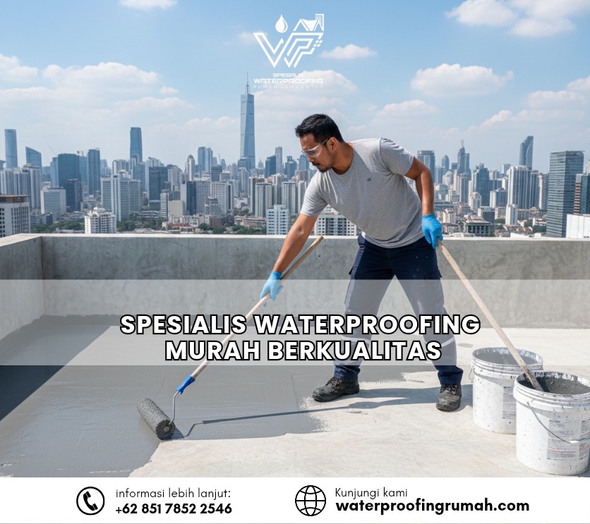 "Proses aplikasi coating waterproofing pada atap dak beton oleh spesialis profesional dengan penawaran harga murah namun hasil berkualitas tinggi dan tahan lama."