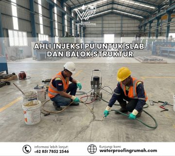 "Proses perbaikan retak struktur pada lantai slab beton gudang/pabrik menggunakan mesin injeksi PU (Polyurethane) Grouting tekanan tinggi."