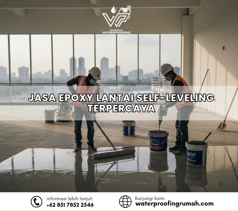 "Proses aplikasi jasa epoxy lantai self-leveling oleh teknisi profesional untuk menghasilkan permukaan beton yang rata, halus, dan mengkilap di area gedung komersial."