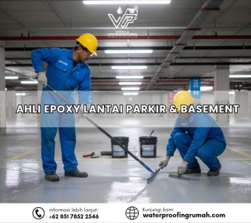 "Proses aplikasi jasa epoxy lantai pada area parkir basement gedung oleh tenaga ahli menggunakan alat squeegee untuk hasil rata, mengkilap, dan anti-slip."