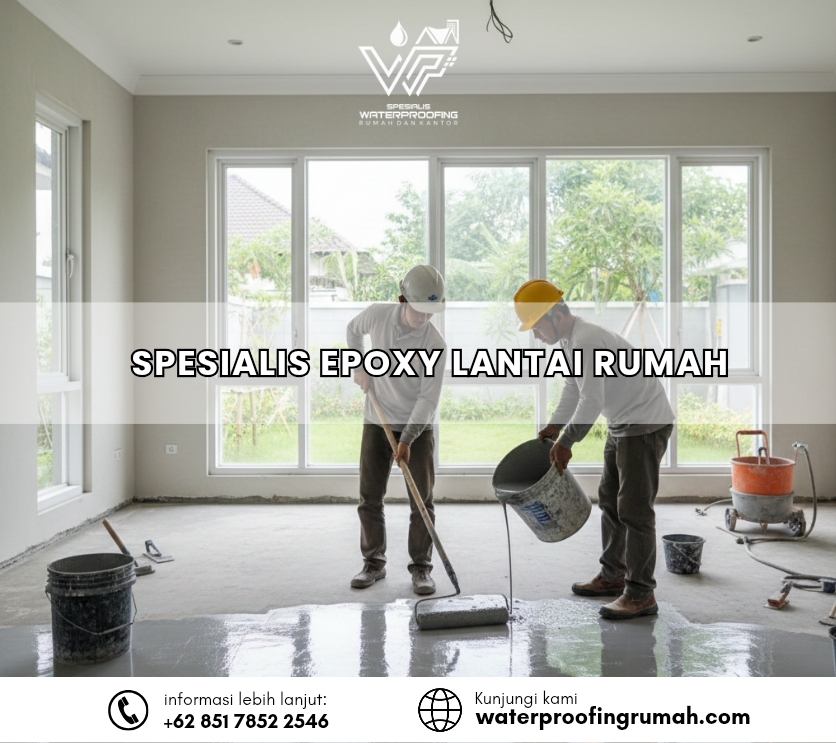 "Proses aplikasi jasa epoxy lantai rumah pada ruang keluarga hunian modern untuk menghasilkan tampilan lantai yang bersih, mengkilap, dan tanpa sambungan (seamless)."