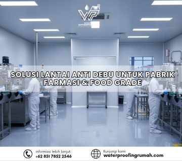 "Ilustrasi penerapan sistem lantai epoxy anti debu standar food grade pada ruang produksi pabrik farmasi yang steril dan higienis."