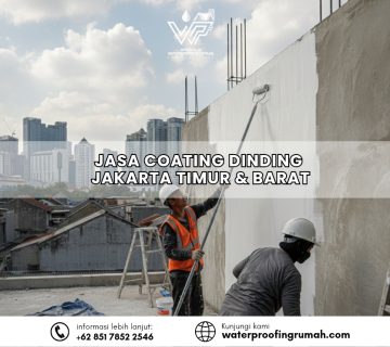 "Proses aplikasi jasa coating dinding luar anti bocor pada bangunan di area Jakarta Timur dan Barat oleh teknisi profesional menggunakan roller."