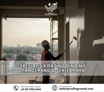 "Teknisi profesional mengaplikasikan coating waterproofing anti bocor pada dinding gedung bertingkat untuk wilayah Tangerang dan sekitarnya."