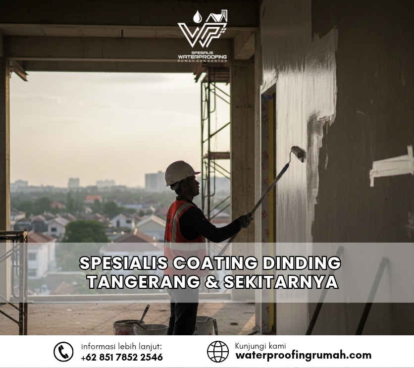 "Teknisi profesional mengaplikasikan coating waterproofing anti bocor pada dinding gedung bertingkat untuk wilayah Tangerang dan sekitarnya."