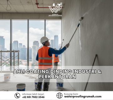 "Teknisi profesional sedang mengaplikasikan coating waterproofing anti bocor pada dinding luar gedung bertingkat di wilayah Tangerang menggunakan roller."