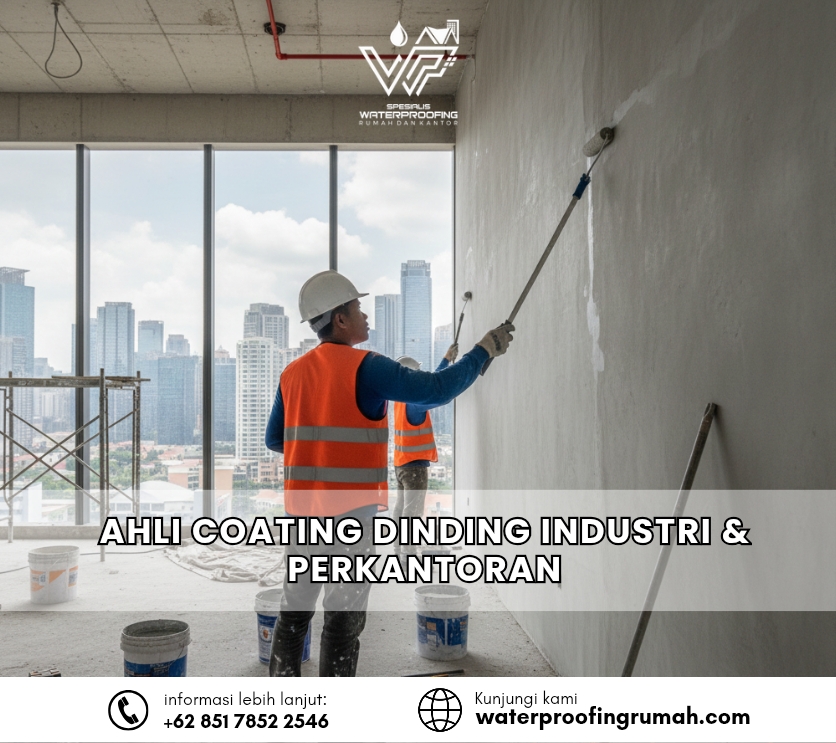 "Teknisi profesional sedang mengaplikasikan coating waterproofing anti bocor pada dinding luar gedung bertingkat di wilayah Tangerang menggunakan roller."